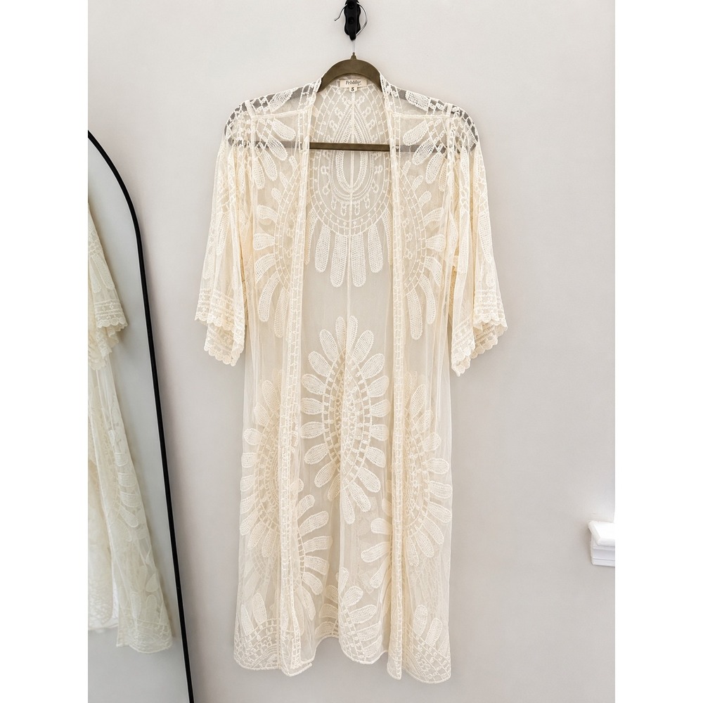Rebellion Lace Kimono Cardigan Ivory Embroidered Duster Boho Cover-Up Size Small